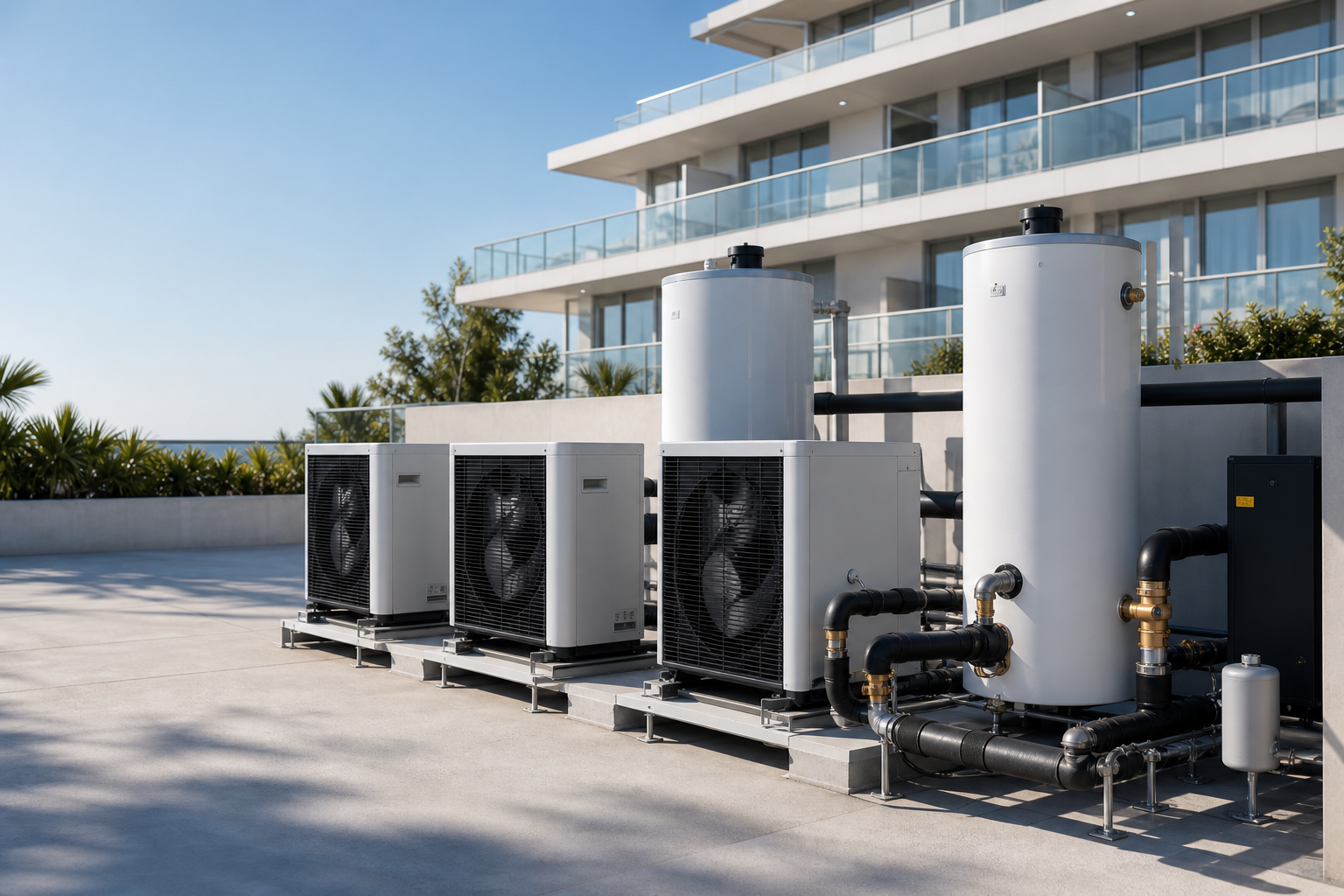 Air source heat pump water heater application with outdoor units and hot water tanks