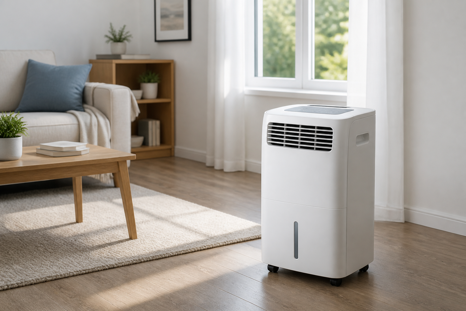 Home dehumidifier application in a bright living room